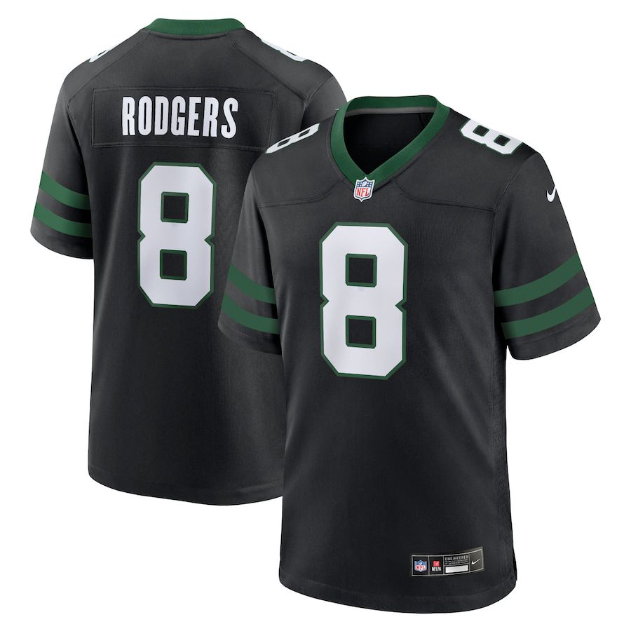 Men New York Jets 8 Aaron Rodgers Nike Legacy Black Alternate Game NFL Jersey